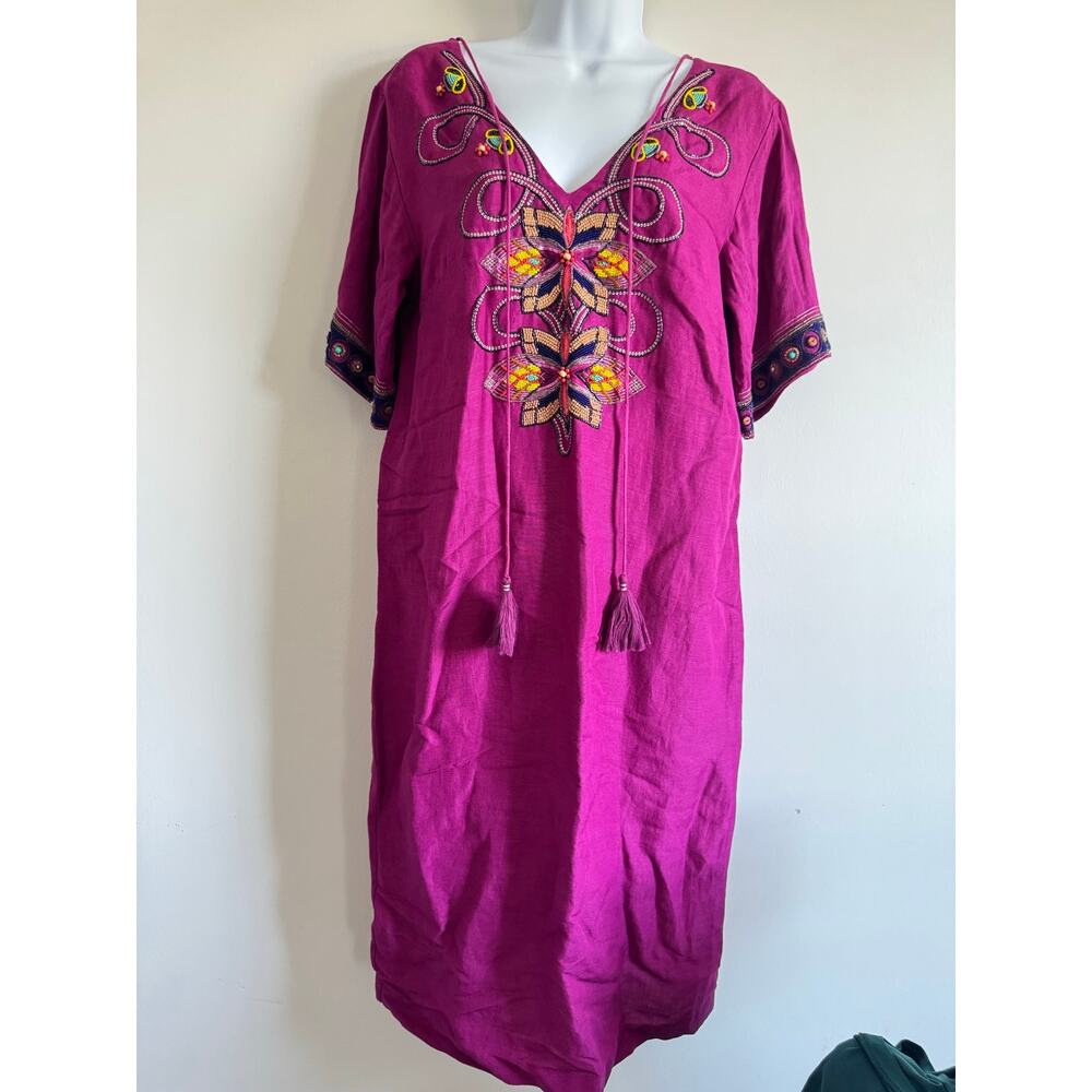 Megan Park Linen Embroidered Caftan Tunic Dress Pink ‎ Resort Vacation Size 0